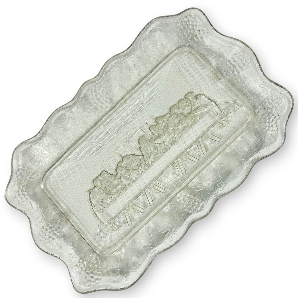 Last Supper Indiana Glass Tiara Clear Glass Platter with Grape Trim 10.5" x 7"